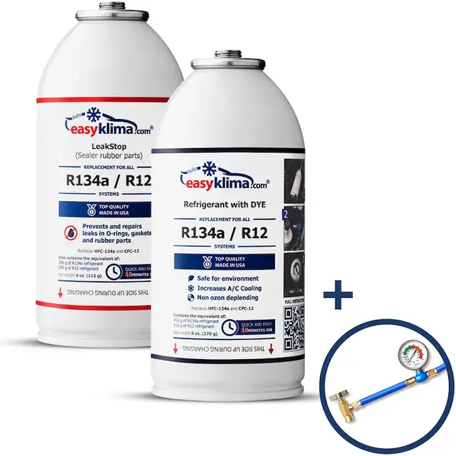 Kit de umplere A/C EasyKlima cu etansant LeakStop R134a, umpleti si reparati singur sistemul A/C, pentru autovehicule din 1995 - 2016
