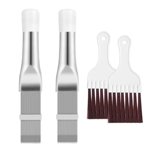 Set de 4 accesorii pentru curatarea condensatorului aparat de aer conditionat, 2 perii si 2 piepteni metalici，AjieQaQ, Kit curatare aer conditionat, Universal, Alb/Argintiu, otel inoxidabil, 140x25mm