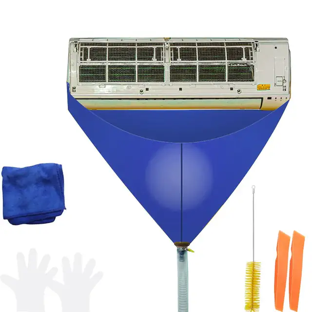 Set husa protectie pentru curatare aer conditionat, SINBINTA, Husa de curatare pentru aer conditionat, Cu snur pentru fixare, Impermeabil, Reutilizabil si usor de curatat, Rezistent la stropire, Pentru eliminarea murdariei, PVC, 105*45cm, Albastru