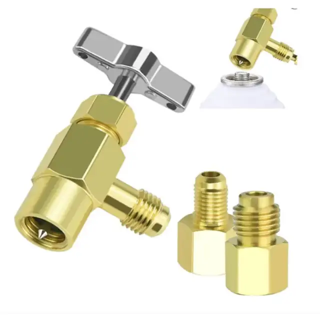 Kit adaptor aer conditionat R134A, AjieQaQ, Set de 2 supape de siguranta pentru aer conditionat, 2 conectori, 1/4 si 1/2, agent frigorific pentru aer conditionat auto sau casnic, aliaj de inalta calitate, culoare aurie