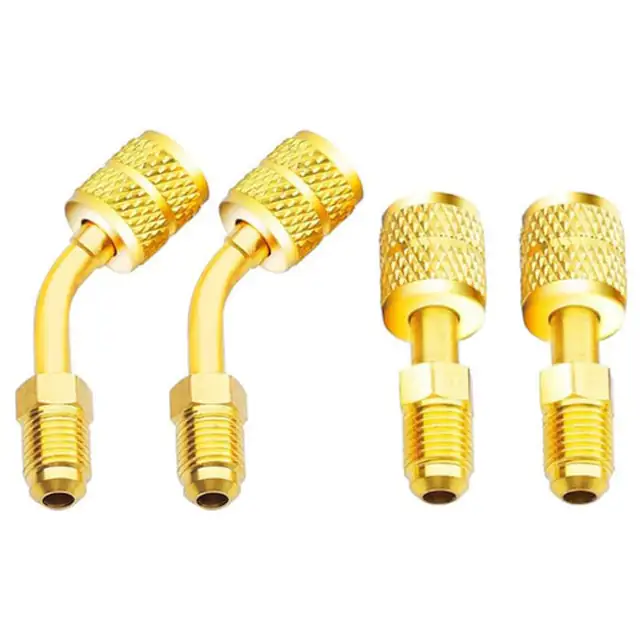 Set adaptoare pentru aer conditionat R410A, 2 adaptoare drepte/2 adaptoare unghiulare, 5/16" SAE femela la 1/4" SAE masculina, reducere zgomot, la rugina si uzura, alama