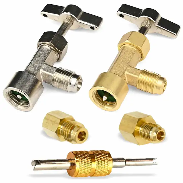 Set 2 supape aparate aer conditionat pentru incarcare refrigerant, SINBINTA, Supape de siguranta pentru aerul conditionat, 1/4 si 1/2, Pentru agentul de racire pentru aer conditionat auto sau de uz casnic, Metal, Auriu