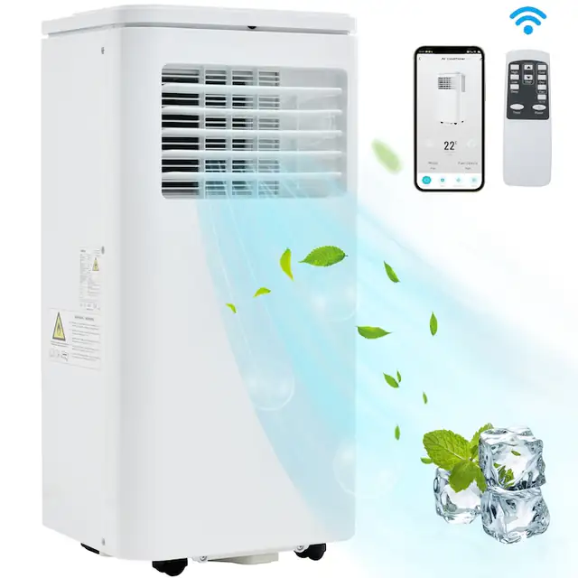 Aparat de aer conditionat portabil cu functie de dezumidificare, 9000 BTU/h, 2, 5 kW, cu functie de evacuare a aerului, dotat cu telecomanda/control prin aplicatie, 3 moduri de functionare, capacitate de 100 m³, temporizator de 24 de ore, clasa A