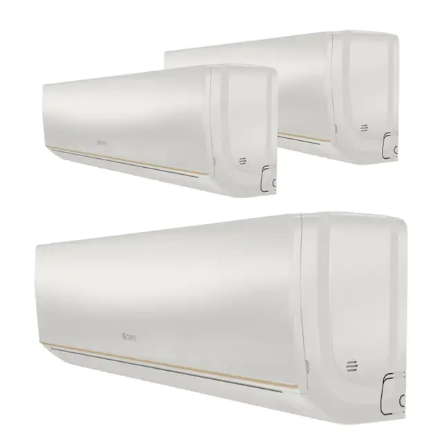 Sistem aer conditionat Gree pentru 3 incaperi, multisplit, unitate exterioara de 24000 btu, unitati interioare 2x9000 + 12000 btu model Bora A5, Refrigerant R32, clasa A++/A+, Inverter + ansamblu asimetric de amortizoare VibraZerro RX60XL