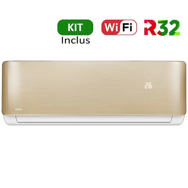 Aer conditionat Vivax ACP-09CH25AERI GOLD R-Design Wi-Fi, R32, Kit de instalare inclus, Inverter, 9000 BTU/h, Clasa A++, Ionizator, I feel, Autodiagnoza, Autocuratare, Autodetectie scurgeri freon, filtru Bio, filtru Anti-Praf, ECO-Mode
