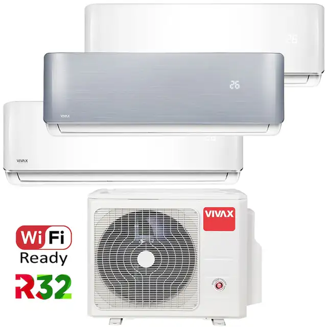 Aer conditionat Multisplit Vivax R-Design ACP-21COFM60AERI / 2x ACP-09CH25AERI + ACP-12CH35AERI SILVER, R32, Inverter, Clasa A++, I Feel, Auto Restart, Autodiagnoza, Autocuratare, Sleep Mode, 24 timer