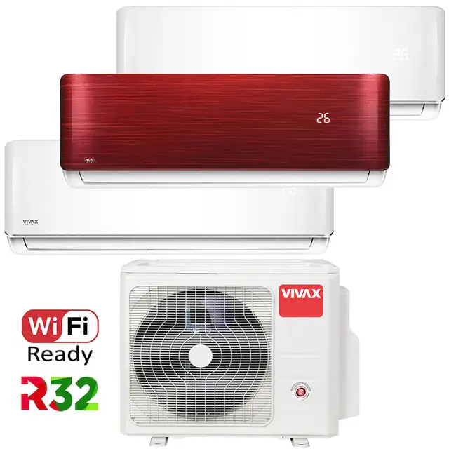 Aer conditionat Multisplit Vivax R-Design ACP-27COFM79AERI / 2x ACP-09CH25AERI + ACP-12CH35AERI RED, R32, Inverter, Clasa A++, I Feel, Auto Restart, Autodiagnoza, Autocuratare, Sleep Mode, 24 timer