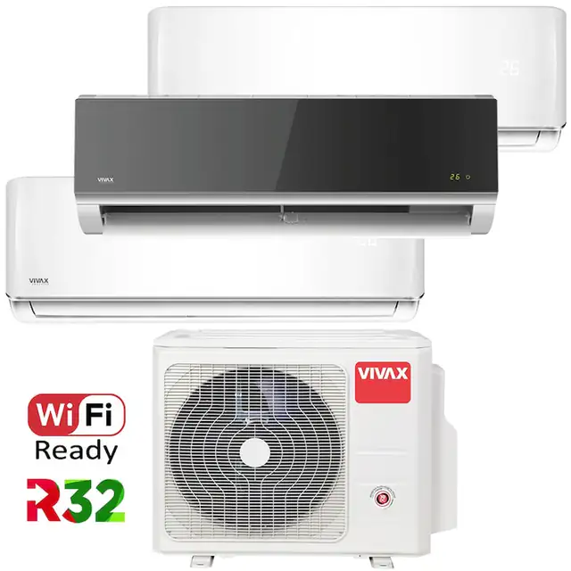 Aer conditionat Multisplit Vivax R-Design ACP-27COFM79AERI / 2x ACP-09CH25AERI + ACP-12CH35AERI SILVER MIRROR, R32, Inverter, Clasa A++, I Feel, Auto Restart, Autodiagnoza, Autocuratare, Sleep Mode, 24 timer