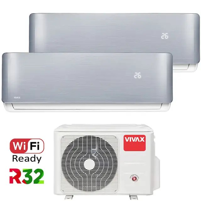 Aer conditionat Multisplit Vivax R-Design ACP-18COFM50AERI / 2x ACP-12CH35AERI SILVER, R32, Inverter, Clasa A++, I Feel, Auto Restart, Autodiagnoza, Autocuratare, Sleep Mode, 24 timer