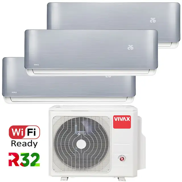 Aer conditionat Multisplit Vivax R-Design ACP-27COFM79AERI / 3x ACP-12CH35AERI SILVER, R32, Inverter, Clasa A++, I Feel, Auto Restart, Autodiagnoza, Autocuratare, Sleep Mode, 24 timer
