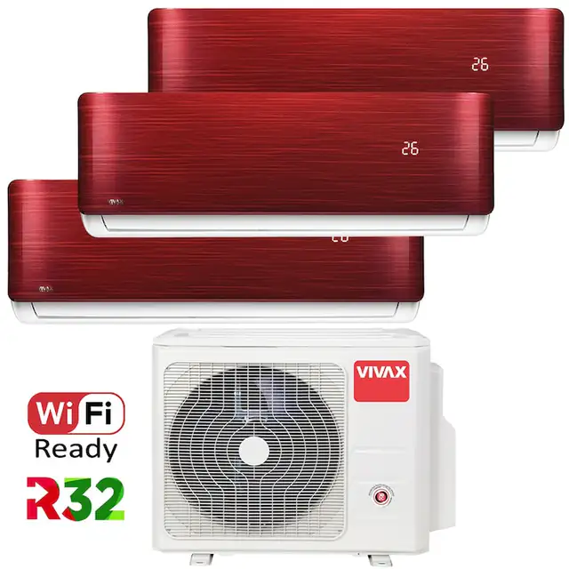 Aer conditionat Multisplit Vivax R-Design ACP-21COFM60AERI / 3x ACP-12CH35AERI RED, R32, Inverter, Clasa A++, I Feel, Auto Restart, Autodiagnoza, Autocuratare, Sleep Mode, 24 timer