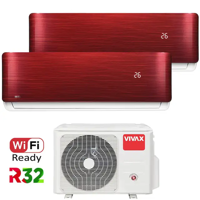 Aer conditionat Multisplit Vivax R-Design ACP-18COFM50AERI / 2x ACP-12CH35AERI RED, R32, Inverter, Clasa A++, I Feel, Auto Restart, Autodiagnoza, Autocuratare, Sleep Mode, 24 timer