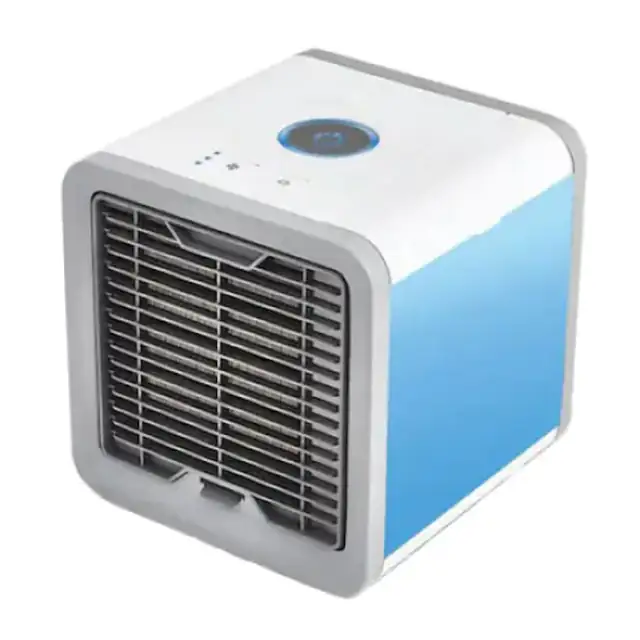 Mini aer conditionat, portabil, cu 3 trepte de viteza, putere 10W, cu functie de racire, umidificare, purificare a aerului, cu alimentare USB, alb/albastru