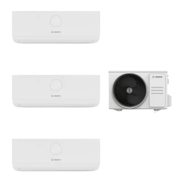 Aparat de aer conditionat multisplit Bosch cu doua unitati interne Climate 3000i 9000 BTU si una de 12000 BTU, filtru cu catalizator rece, ventilator 4 trepte, detectare scurgeri freon, Timer, Follow Me, i-Clean, repornire automata