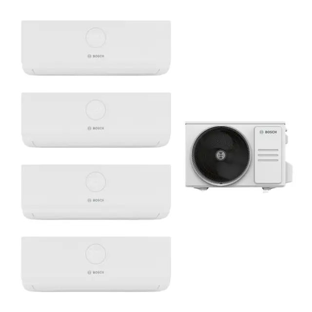 Aparat de aer conditionat multisplit Bosch cu doua unitati interne Climate 3000i 9000 BTU si doua de 12000 BTU, filtru cu catalizator rece, ventilator 4 trepte, detectare scurgeri freon, Timer, Follow Me, i-Clean, repornire automata