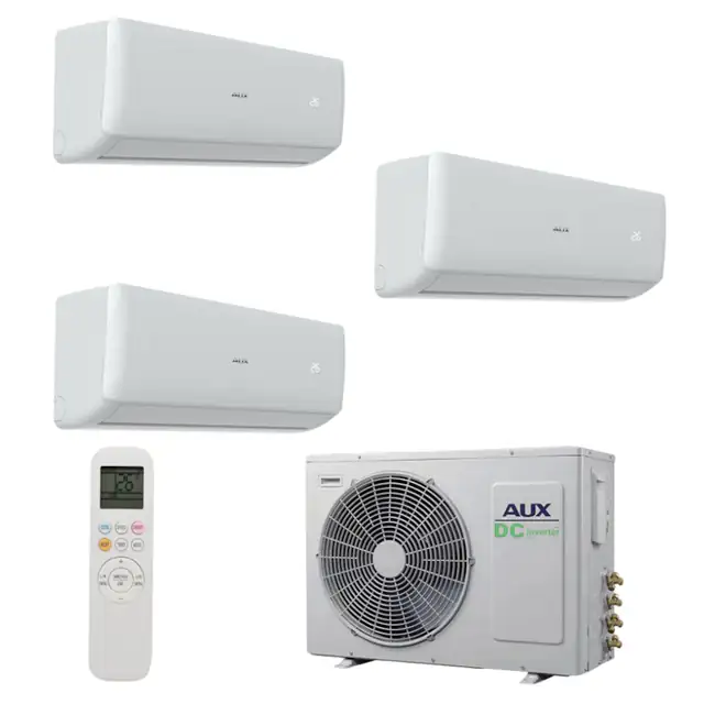 Sistem de aer conditionat AUX pentru trei incaperi capacitate 27000btu cu unitati interioare split de perete 12000btu Refrigerant R32, Inverter, autodiagnoza