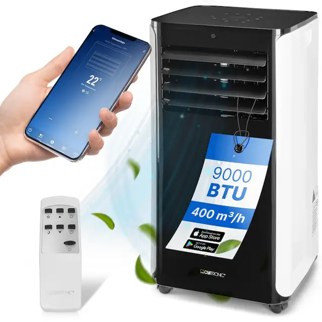 Aparat de aer conditionat portabil Clatronic, CL 3716, 9000 BTU, Wi-Fi, control vocal Amazon Alexa/Google Assistant, aer rece/dezumidificare/ventilatie, consum redus, clasa A, timer 24h, Sleep Mode, panou cu control touch, filtre detasabile, negru