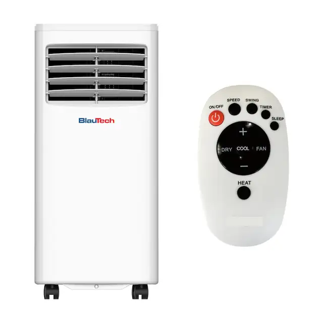 Aparat de aer conditionat portabil mobil, 7000 BTU, 2050 W, clasa A, functie ventilatie cu racire, programator, mod dormitor, telecomanda, Blautech Premium Plus