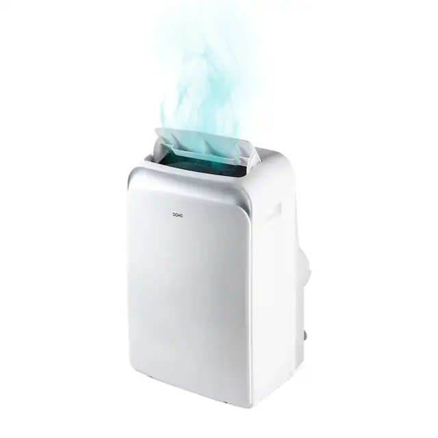 Aparat de aer conditionat portabil DOMO, 9000 BTU, clasa A+, aer rece/dezumidificare/ventilatie, consum redus, clasa A+, timer 24h, 4 viteze, functie Sleep, panou cu control touch, ecran LED, filtru anti-praf lavabil, telecomanda si kit de instalare, alb