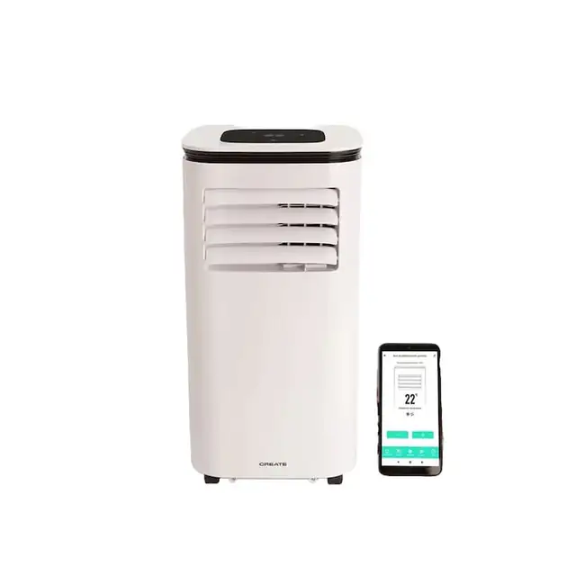 Aparat de aer conditionat portabil CREATE, 9000 BTU, WiFi, aer rece/dezumidificare/ventilatie, consum redus, timer 24h, 3 viteze, functie Sleep, panou cu control touch, ecran LED, filtru anti-praf lavabil, telecomanda si kit de instalare incluse, alb