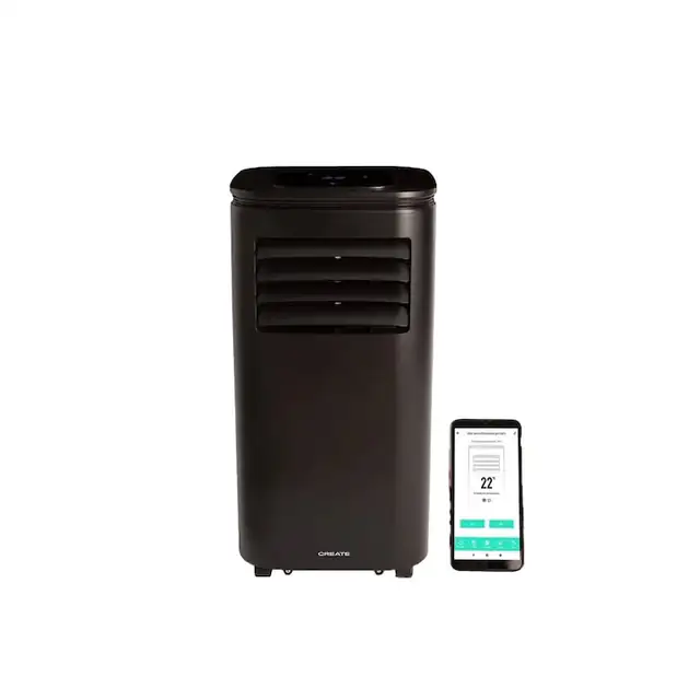 Aparat de aer conditionat portabil CREATE, 9000 BTU, aer rece/dezumidificare/ventilatie, consum redus, clasa A+, timer 24h, 3 viteze, functie Sleep, panou control touch, ecran LED, filtru anti-praf lavabil, telecomanda si kit de instalare incluse, negru