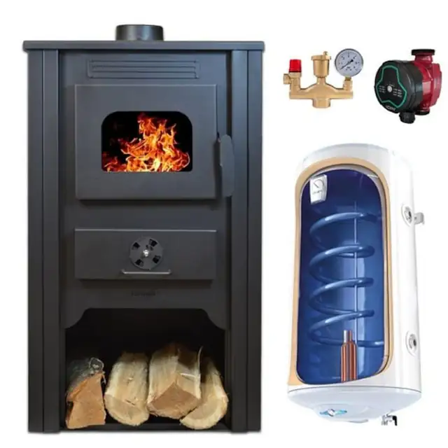 Pachet Termosemineu pe lemn Termax Alma, 11.52 kW, randament 85.59%, 75 m², Bordo, Grup siguranta, Pompa recirculare si Boiler termoelectric Tesy 80 litri