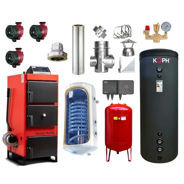 Pachet Centrala/Cazan pe lemn/carbune Termax Nordik 29 kW cu ventilator si automatizare, Øcos fum 130 mm, volum manta apa 70 litri, Boiler termoelectric 120 litri, Vas expansiune, Grup siguranta, Pompe recirculare, Puffer 500 litri clasa energetica B
