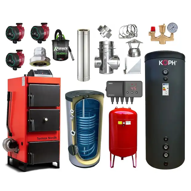 Pachet Centrala/Cazan pe lemn/carbune Termax Nordik 29 kW cu ventilator si automatizare, Øcos fum 130 mm, volum manta apa 70 litri, Boiler stativ 200 litri, Vas expansiune, Grup siguranta, Pompe recirculare, Puffer 1000 litri clasa energetica B