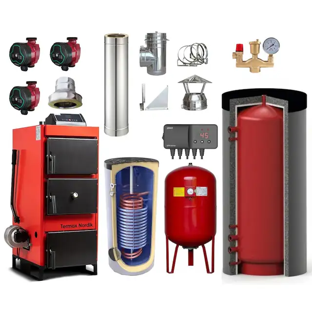 Pachet Centrala/Cazan pe lemn/carbune Termax Nordik 46 kW cu ventilator si automatizare, diametru cos 160 mm, volum manta apa 100 litri, Boiler stativ 300 litri, Vas expansiune, Grup siguranta, Pompe recirculare, Puffer 1500 litri, Controler pompa