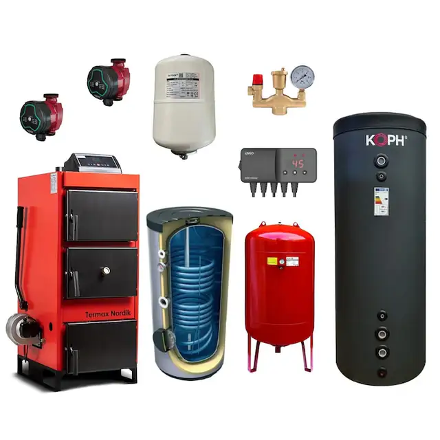 Pachet Centrala/Cazan pe lemn/carbune Termax Nordik 46 kW cu ventilator si automatizare, diametru cos 160 mm, volum manta apa 100 litri, Boiler stativ 200 litri, Vas expansiune, Grup siguranta, Pompe recirculare, Puffer 1000 litri clasa energetica B