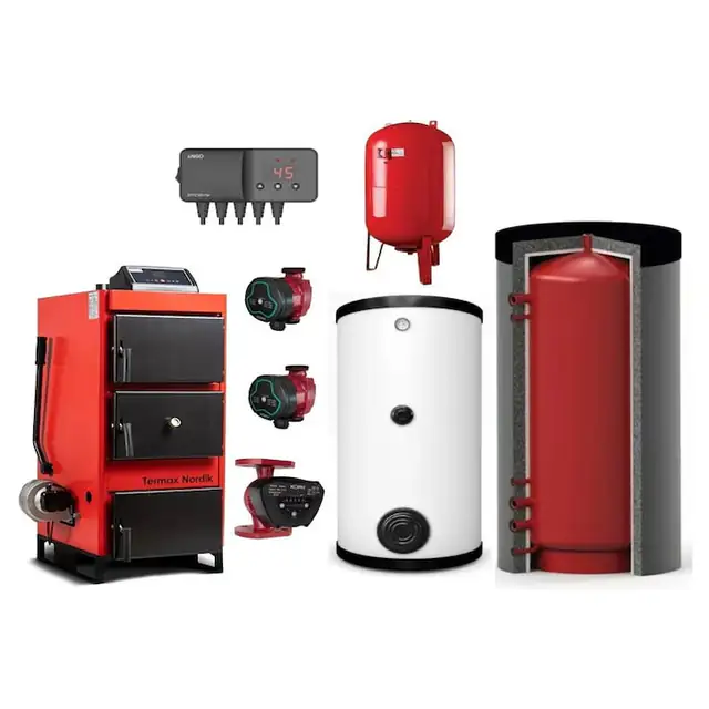 Pachet Centrala/Cazan pe lemn/carbune Termax Nordik 93 kW, cu ventilator si automatizare, Øcos fum 220 mm, volum manta apa 200 litri, Boiler stativ 800 litri, Filtru Y, Vas expansiune, Pompe recirculare, Puffer 2000 litri, Controler pompa