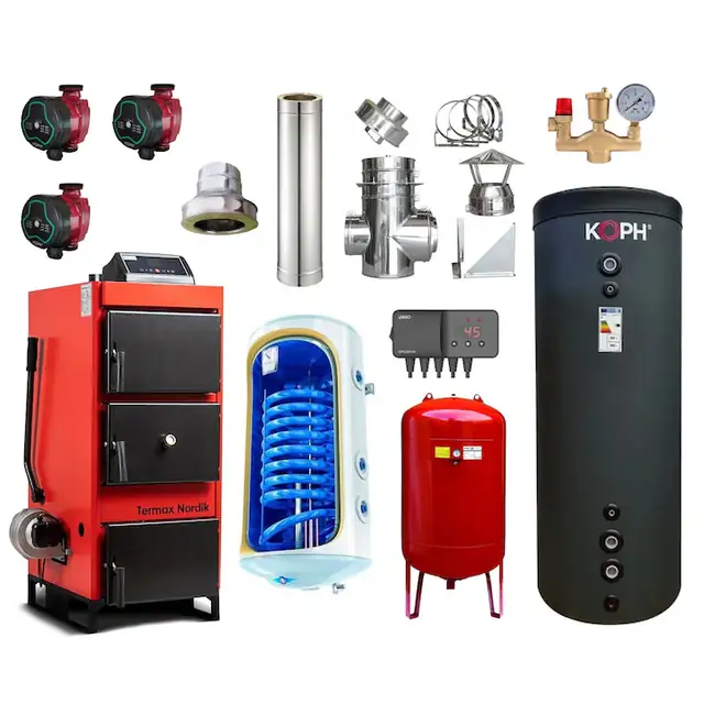 Pachet Centrala/Cazan pe lemn/carbune Termax Nordik 29 kW cu ventilator si automatizare, Øcos fum 130 mm, volum manta apa 70 litri, Boiler termoelectric 150 litri, Vas expansiune, Grup siguranta, Pompe recirculare, Puffer 750 litri clasa energetica B