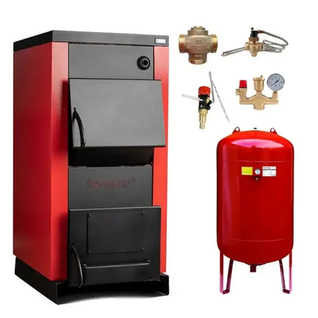 Pachet siguranta completa, Centrala/Cazan pe lemn Termax 40 kW, cu ardere standard, volum manta apa 120 litri, vas expansiune, vana termostatica, supapa termica, grup siguranta si regulator de tiraj