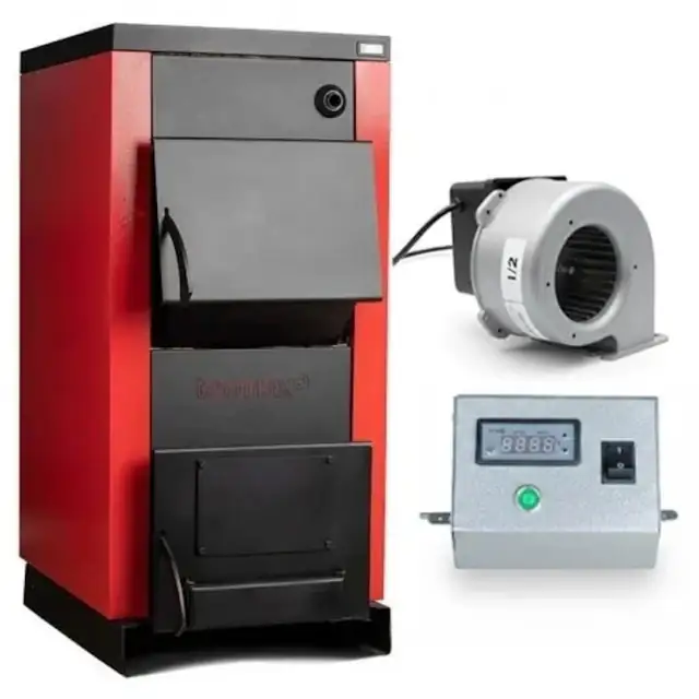 Pachet Centrala/Cazan pe lemn Termax 90 kW, cu ardere standard, volum manta apa 195 litri, cu sistem de automatizare si ventilator pentru tiraj fortat/controlat