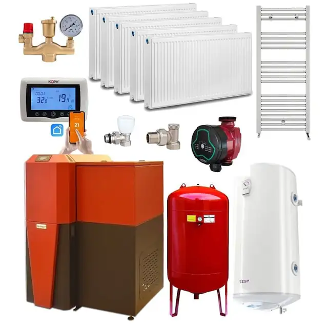Pachet centrala mixta lemn/pelet Termax Tera 28 kW, 185 mp, buncar peleti 95 kg, volum manta apa 75 litri, diametru cos Ø120 mm, Termostat ambiental KOPH CT99, Pompa recirculare, Boiler termoelectric 100 litri, Grup siguranta, Calorifere si Robineti