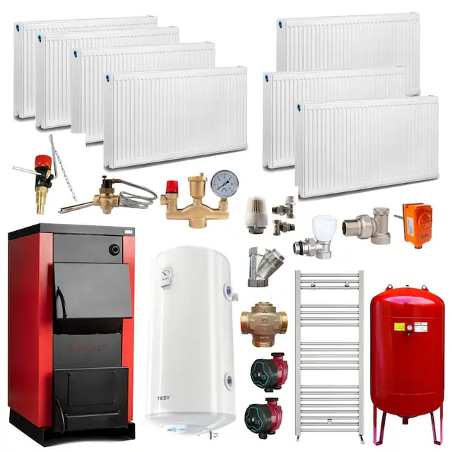 Pachet Centrala/Cazan pe lemn Termax 30 kW, cu ardere standard, volum manta apa 90 litri, Calorifere, Boiler termoelectric, Pompe recirculare, Grup siguranta