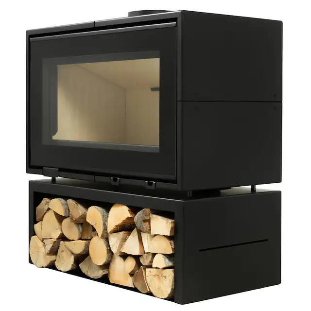 Semineu metalic A-CAMINETTI PANORAMA 90, freestanding, pe lemn, putere maxima 12 kW, randament 80%, negru