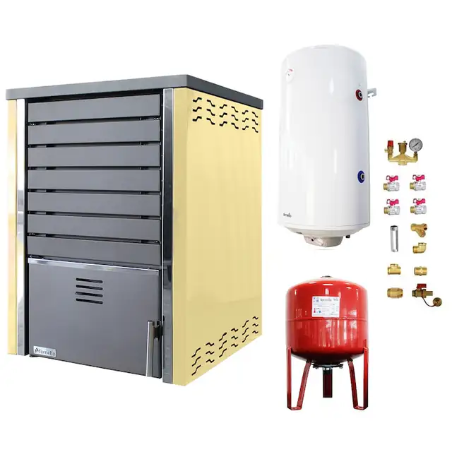 Set Centrala pe lemne FORNELLO SAUNA CREAM 30 kw echipata cu pompa de circulare, boiler termoelectric 100l, vas expansiune si kit montaj