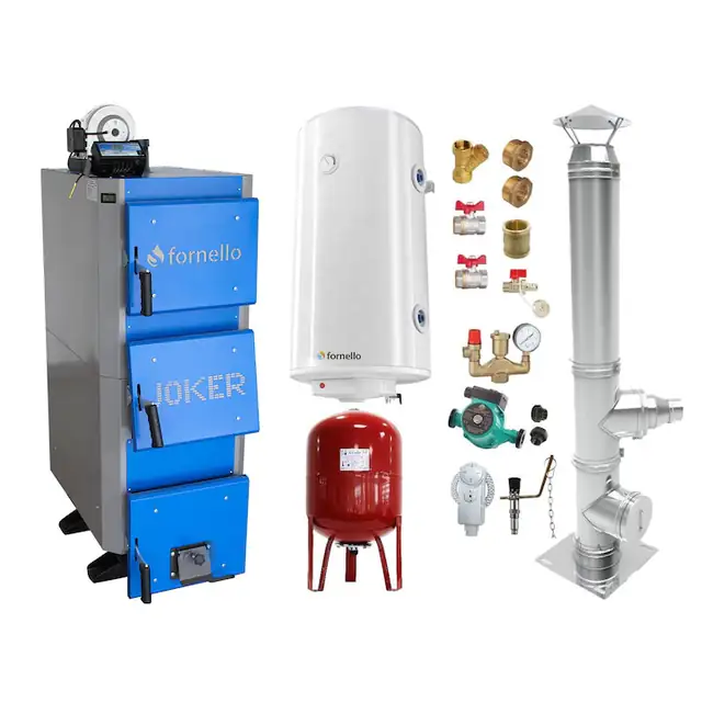 Set centrala pe combustibil solid, (lemn, carbune), Fornello Joker 24 kW, Cos Inox, Boiler, Vas Expansiune, Pompa, Fitinguri Montaj