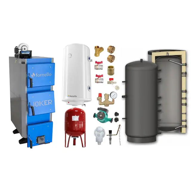 Set centrala pe combustibil solid, (lemn, carbune), Fornello Joker 24 kW, Puffer 800 litri, Boiler, Vas Expansiune, Pompa, Fitinguri Montaj