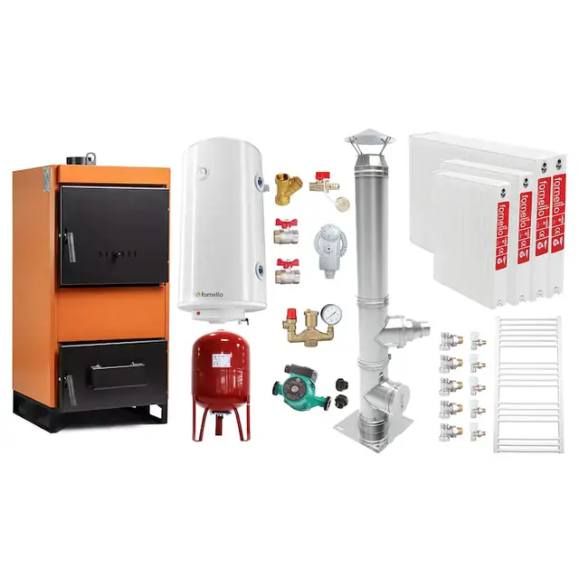 Set Centrala pe combustibil solid Fiama W 25 kW, Cos inox, Radiatoare Otel, Boiler Termoelectric, Vas Expansune, Pompa si Fitinguri Montaj