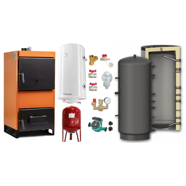 Set Centrala pe combustibil solid Fiama W 35 kW, Puffer 1000 litri, Boiler Termoelectric, Vas Expansune, Pompa si Fitinguri Montaj