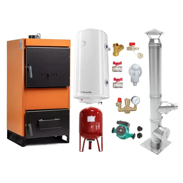 Set Centrala pe combustibil solid Fiama W 35 kW, Cos inox, Boiler Termoelectric, Vas Expansune, Pompa si Fitinguri Montaj