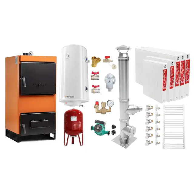 Set Centrala pe combustibil solid Fiama W 35 kW, Cos inox, Radiatoare Otel, Boiler Termoelectric, Vas Expansune, Pompa si Fitinguri Montaj