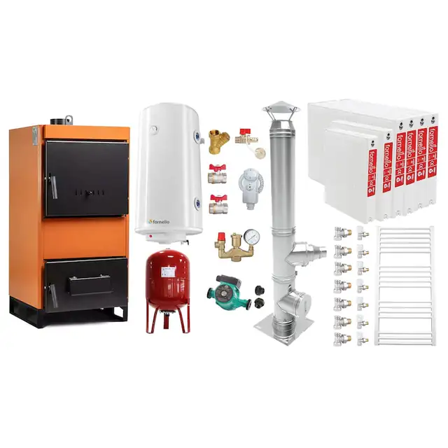 Set Centrala pe combustibil solid Fiama W 45 kW, Cos inox, Radiatoare Otel, Boiler Termoelectric, Vas Expansune, Pompa si Fitinguri Montaj