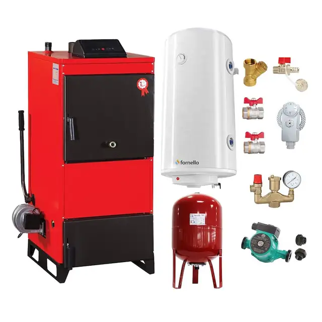 Set Centrala pe combustibil solid Fiama D2-25 Putere 29 kW, cu Ventilator si Automatizare, Boiler Termoelectric, Pompa, Vas Expansiune si Fitinguri