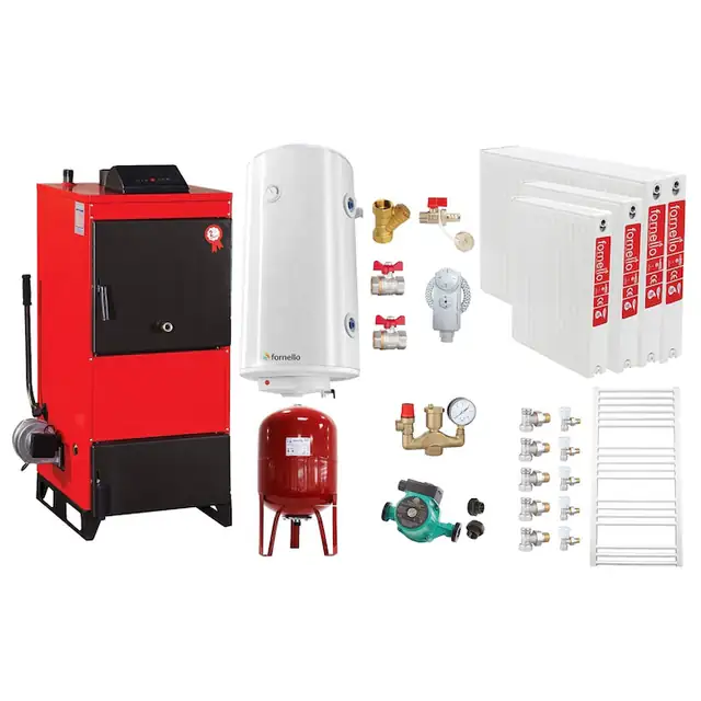 Set Centrala pe combustibil solid Fiama D2-25 Putere 29 kW, cu Ventilator si Automatizare, Radiatoare Otel, Boiler Termoelectric, Pompa, Vas Expansiune si Fitinguri