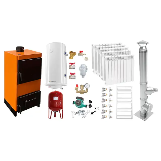 Set Centrala pe combustibil solid Fiama W 25 kW, Cos inox, Calorifere aluminiu, Boiler Termoelectric, Vas Expansune, Pompa si Fitinguri Montaj