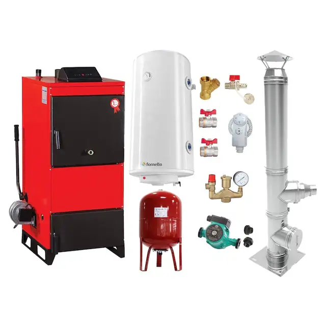 Set Centrala pe combustibil solid Fiama D2-25 Putere 29 kW, cu Ventilator si Automatizare, Cos inox, Boiler Termoelectric, Pompa, Vas Expansiune si Fitinguri