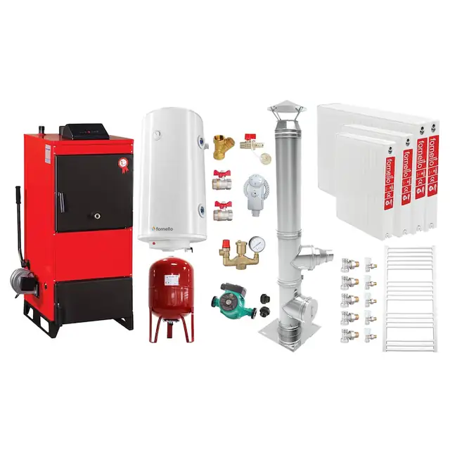 Set Centrala pe combustibil solid Fiama D2-25 Putere 29 kW, cu Ventilator si Automatizare, Cos inox, Radiatoare Otel, Boiler Termoelectric, Pompa, Vas Expansiune si Fitinguri